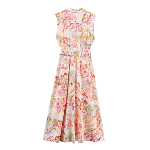 Damen Tropisches Blumenmuster Leinenmischung Midi Kleid V-Ausschnitt Ärmellos Hohe Taille A-Linie Sommer Strandurlaub Sommerkleid Mit Gürtel