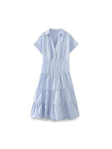 Robe Midi en Coton Bleu Clair pour Femmes Broderie Anglaise Manches Courtes Col Chemise Jupe Gâteau Étages Robe Été