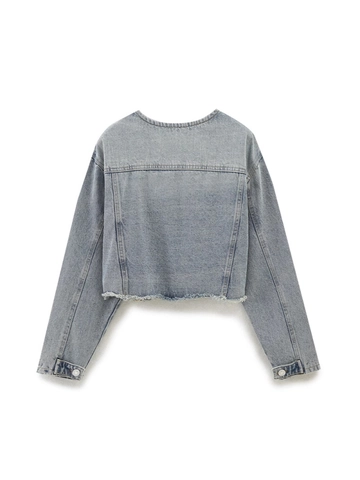 Veste en Jean Femme Décontractée en Mélange de Coton Col Rond Bord Effiloché Boutonnage Simple Manches Longues Veste en Jean Courte