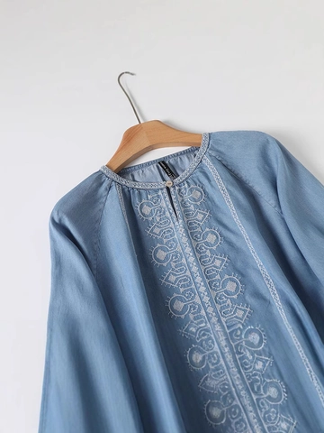 Blusa in Denim Tencel Ricamata da Donna Vintage Manica a Tre Quarti Top Pullover Ampio Camicie Casual Etniche Boeme