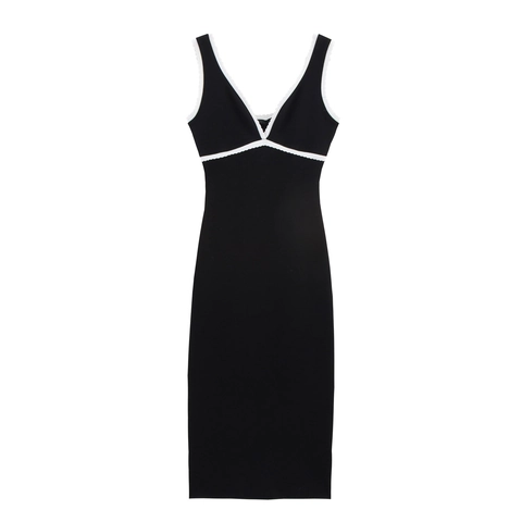 Abito Midi da Donna Sexy con Scollo a V e Finiture in Pizzo a Contrasto Vestibilità Aderente in Maglia Manica Corta per Festa