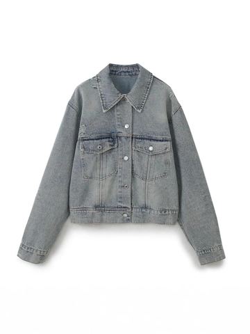 Women Retro Distressed Denim Jacket Casual Light Blue Wash Long Sleeve Button Down Jean Coat With Pockets Streetwear Top