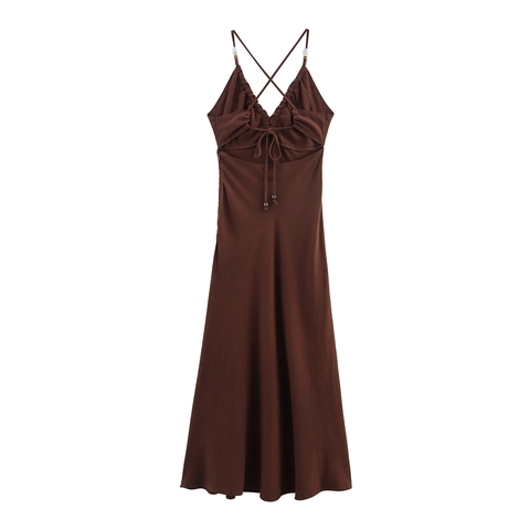 Elegant V Neck Linen Blend Camisole Midi Dress With Beaded Straps Ruched Crisscross Back Bohemian Vacation Dress For Women