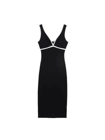 Γυναικείο Σέξι Ασπρόμαυρο Εξώπλατο Bodycon Midi Φόρεμα Αμάνικο Λαιμόκοψη V Κυματιστό Τελείωμα Πλεκτό Φόρεμα με Τιράντες Καλοκαίρι