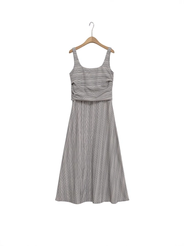 Abito Maxi da Donna Estivo Sexy Senza Schienale a Righe Sottili Scollo Quadrato Senza Maniche a Canotta Aderente Vita Alta Increspato