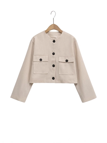 Women Casual Short Jacket Round Neck Long Sleeve Coat With Flap Pockets Contrast Buttons Solid Color Fashion Outerwear