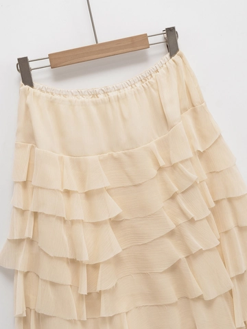 Women High Waist Tiered Ruffle Midi Skirt Elastic Waist Cream Beige Layered Cake Skirt Summer Elegant Casual A-Line Bottoms