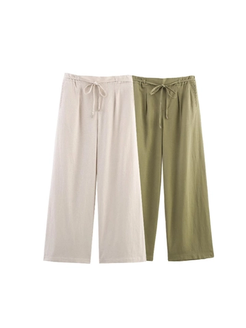 Pantaloni Donna a Vita Alta in Lino Gamba Larga Coulisse Casual Estivi Dritti Tinta Unita Traspiranti Larghi