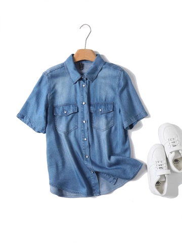 Women Casual Tencel Denim Short Sleeve Shirt Loose Fit Turn-Down Collar Button Up Double Pocket Blouse Washed Blue Summer Top