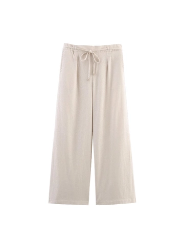 Pantaloni Donna a Vita Alta in Lino Gamba Larga Coulisse Casual Estivi Dritti Tinta Unita Traspiranti Larghi