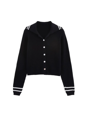 Dames Gestreepte Matrozenkraag Gebreid Cardigan Lange Mouw Single Breasted Slim Fit Geribbelde Preppy Stijl Sweater
