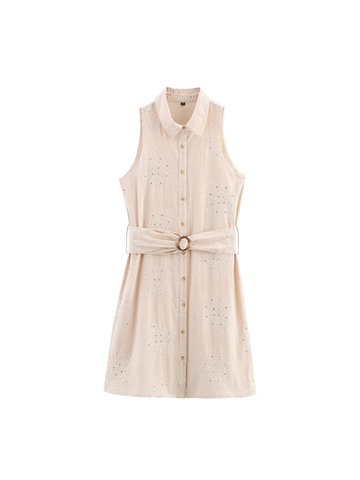 Vestito Mini da Donna Smanicato con Rever Ricamato e Cintura in Misto Cotone Traforato Monopetto Casual per Vacanze Estive