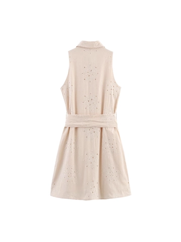Vestito Mini da Donna Smanicato con Rever Ricamato e Cintura in Misto Cotone Traforato Monopetto Casual per Vacanze Estive