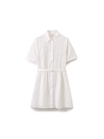 Vestido Mini Blanco Mezcla Algodón Bordado Calado Solapa Con Cinturón Manga Corta Botones Borde Festoneado Verano
