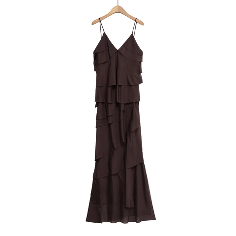 Tiered Maxi Dress Sexy V Neck Sleeveless Cami Solid Color Raw Edge Elegant Layered Ruffle Long Dress For Women