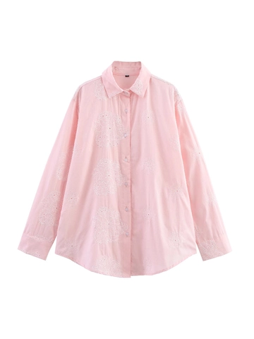 Camicia Donna Rosa a Maniche Lunghe con Ricamo Floreale Casual Misto Cotone Colletto a Revers Blusa Larga alla Moda