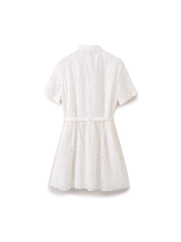 Vestido Mini Blanco Mezcla Algodón Bordado Calado Solapa Con Cinturón Manga Corta Botones Borde Festoneado Verano