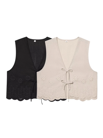 Gilet da Donna Estivo con Scollo a V e Ricamo Floreale Lacci Senza Maniche Bordo a Festoni Crop Top Streetwear Etnico