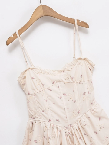 Robe Courte Bustier Floral Style Cottagecore Français Bordure Dentelle Broderie Robe Bretelles Taille Ajustée Robe Été Femme