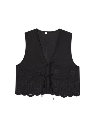 Gilet da Donna Estivo con Scollo a V e Ricamo Floreale Lacci Senza Maniche Bordo a Festoni Crop Top Streetwear Etnico