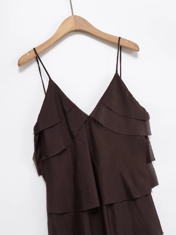 Damen Sexy Rückenfrei Spaghettiträger Gestuft Rüschen Maxikleid Dunkelbraun Polyester V-Ausschnitt Sommerurlaub Langes Kleid