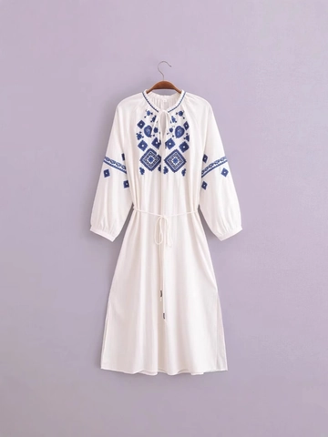 Vestido Midi de Viscosa Bordado Bohemio para Mujer Holgado Étnico con Lazo de Borlas Cuello Redondo Manga Larga Blanco