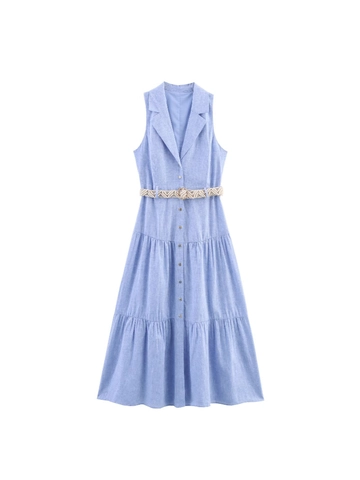 Vestido Maxi Casual de Mezcla de Lino para Mujer Sin Mangas Solapa de un Solo Pecho Dobladillo Escalonado Con Cinturón Color Sólido