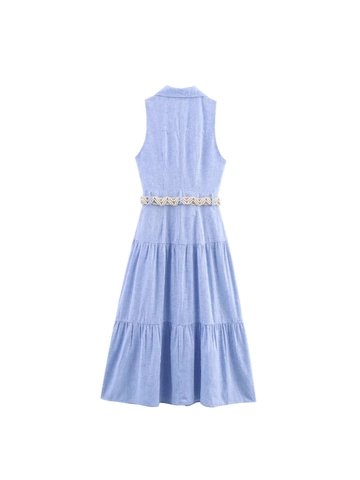 Vestido Maxi Casual de Mezcla de Lino para Mujer Sin Mangas Solapa de un Solo Pecho Dobladillo Escalonado Con Cinturón Color Sólido