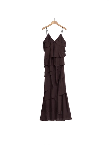Damen Sexy Rückenfrei Spaghettiträger Gestuft Rüschen Maxikleid Dunkelbraun Polyester V-Ausschnitt Sommerurlaub Langes Kleid