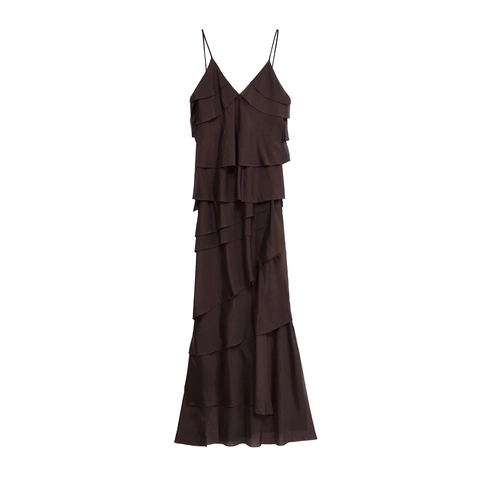 Tiered Maxi Dress Sexy V Neck Sleeveless Cami Solid Color Raw Edge Elegant Layered Ruffle Long Dress For Women