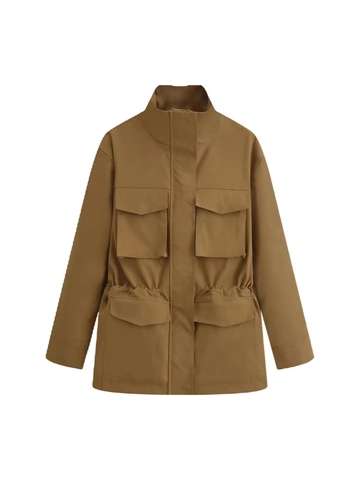 Veste de Terrain Utilitaire Décontractée pour Femmes Col Montant Cordon de Serrage à la Taille Multi Poches Ample Streetwear Kaki Manteau