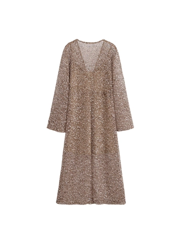 Damen Elegant Champagnergold Pailletten Maxikleid Funkelnd V-Ausschnitt Langarm Netz Abendkleid Für Damen Luxus Winter Formelles Kleid