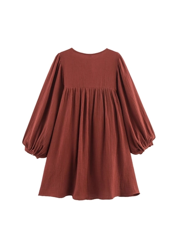 Women's Boho Floral Embroidered Cotton Blend Mini Dress Rust Red Long Lantern Sleeve A-Line Dress With Tassel Tie V Neck Top