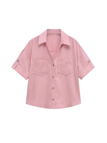 Chemise Femme Décontractée Manches Courtes Col Revers Boutonnée Avec Deux Poches Été Ample Streetwear Chemisier Rayé Uni