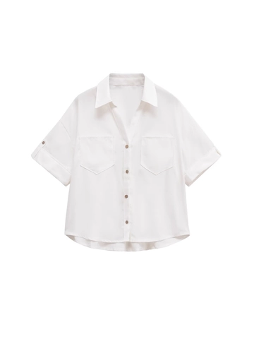 Chemise Femme Décontractée Manches Courtes Col Revers Boutonnée Avec Deux Poches Été Ample Streetwear Chemisier Rayé Uni
