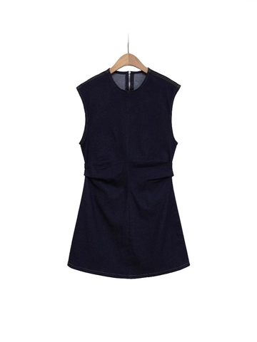 Vrouwen Mouwloze Denim Jurk Ronde Hals Geplooide Taille Slim Fit Mini Jurk Met Rug Rits Mode Streetwear