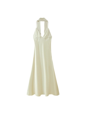 Elegante Vestido Midi de Satén con Cuello Halter y Espalda Descubierta para Mujer Champán Color Sólido Sin Mangas Sexy Vacaciones Fiesta