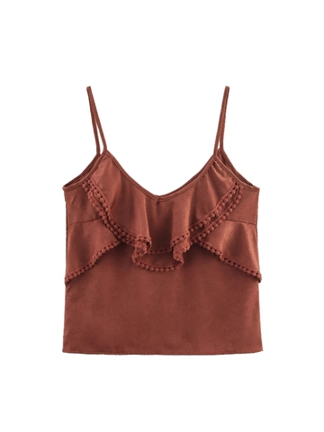 Damen V-Ausschnitt Volant Trägertop Spaghetti-Träger Rückenfrei Pompon-Borte Karamell Crinkle-Textur Sommer Ärmelloses Top