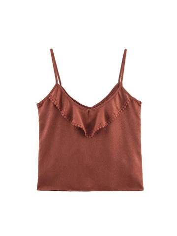 Damen V-Ausschnitt Volant Trägertop Spaghetti-Träger Rückenfrei Pompon-Borte Karamell Crinkle-Textur Sommer Ärmelloses Top