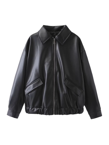Women PU Leather Jacket Vintage Bomber Jacket Loose Turn-down Collar Zipper Coat Streetwear Casual Outwear Short Bomber Coat