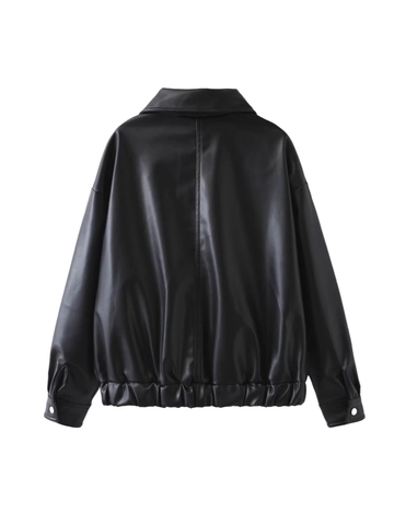 Women PU Leather Jacket Vintage Bomber Jacket Loose Turn-down Collar Zipper Coat Streetwear Casual Outwear Short Bomber Coat