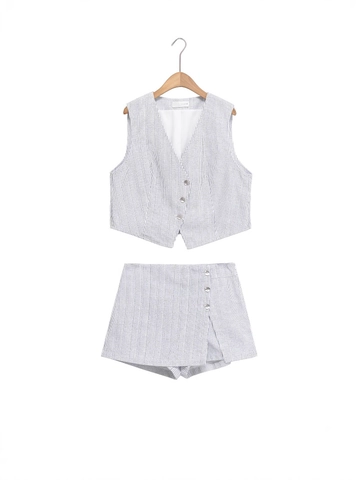 Set Due Pezzi Donna Stile Francese Gilet Smanicato Scollo V a Strisce e Gonna-Pantalone a Vita Alta Completo Estivo