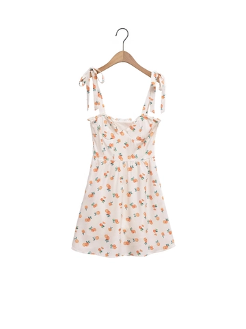 Robe Mini Décontractée d'Été pour Femme Imprimé Fruits Orange avec Bretelles à Nouer Bordure à Volants Dos Nu