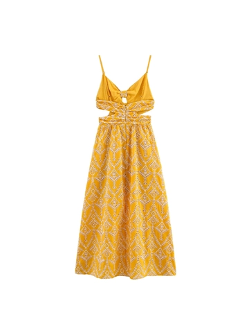 Dames Sexy Open Rug Gele Maxi Jurk Frans Opengewerkt Borduurwerk Cut Out Taille Spaghettibandjes Jurk Zomer Strand Vakantie A-Lijn