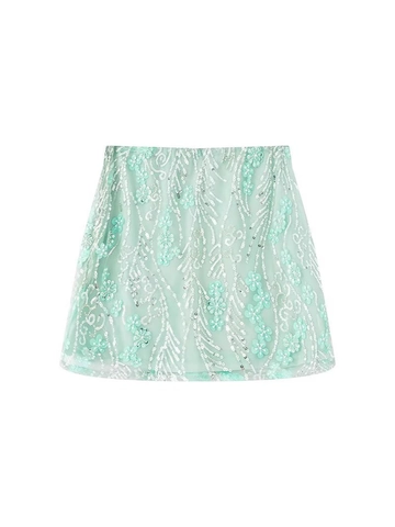 Women Mint Green Sequin Mesh Skirt Flower Embroidery A-Line Mini Skirt Summer Streetwear Slim Fit High Waist Short Skirt