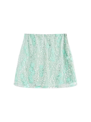 Women Mint Green Sequin Mesh Skirt Flower Embroidery A-Line Mini Skirt Summer Streetwear Slim Fit High Waist Short Skirt