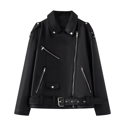 Dames Oversized Zwarte PU-Kunstleren Bikerjack Punk Motorrevers Rits Bovenkleding Met Riem Lange Mouwen Jas