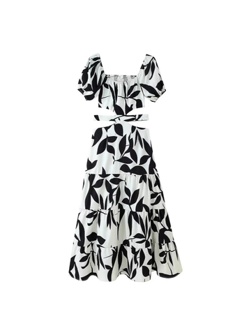 Dames Zomer Jurk met Vierkante Hals en Taille Cut-out Korte Mouw Gelaagde Maxi Jurk Zwart Wit Bladpatroon Vakantie Jurk