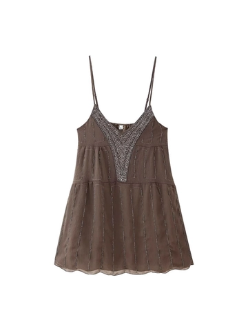 Robe Mini Sexy Dos Nu à Bretelles Brodée de Paillettes Été Café Perles Chiffon à Étages Style Bohème