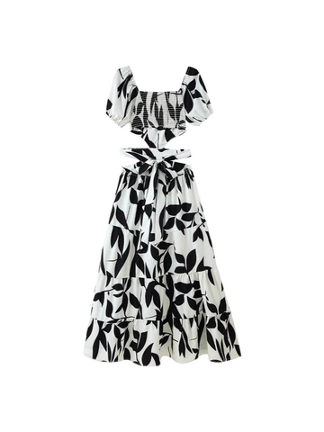 Dames Zomer Jurk met Vierkante Hals en Taille Cut-out Korte Mouw Gelaagde Maxi Jurk Zwart Wit Bladpatroon Vakantie Jurk